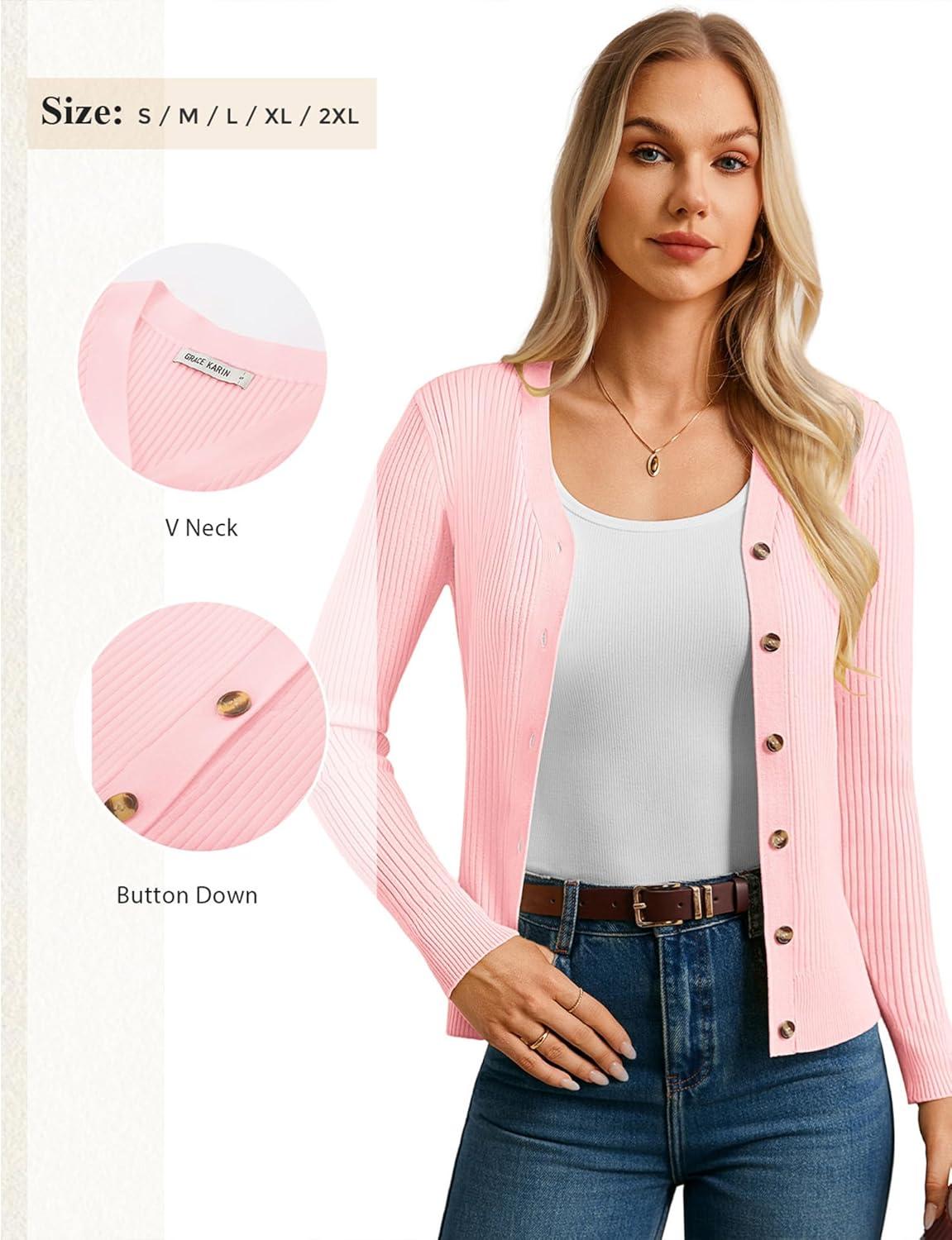 imageGRACE KARIN Womens Long Sleeve V Neck Button Up Cardigan Sweaters Trendy Ribbed Knit Open Front Casual JacketPink