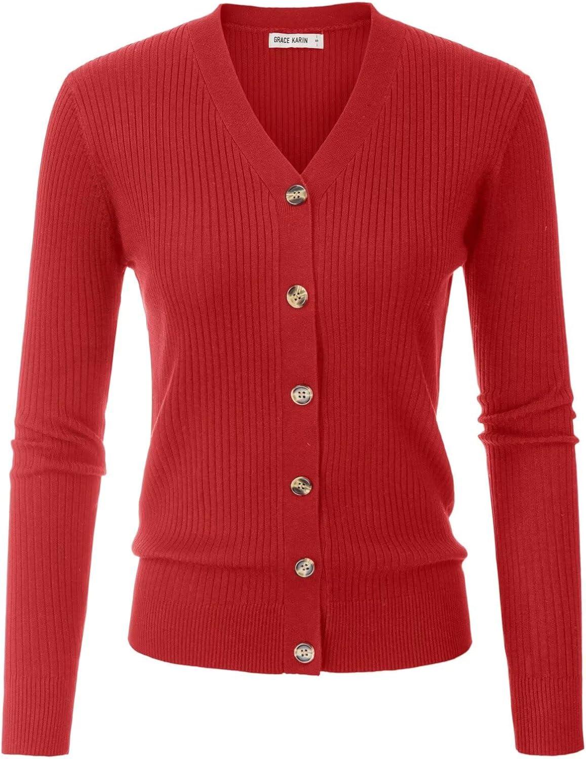 imageGRACE KARIN Womens Long Sleeve V Neck Button Up Cardigan Sweaters Trendy Ribbed Knit Open Front Casual JacketRed