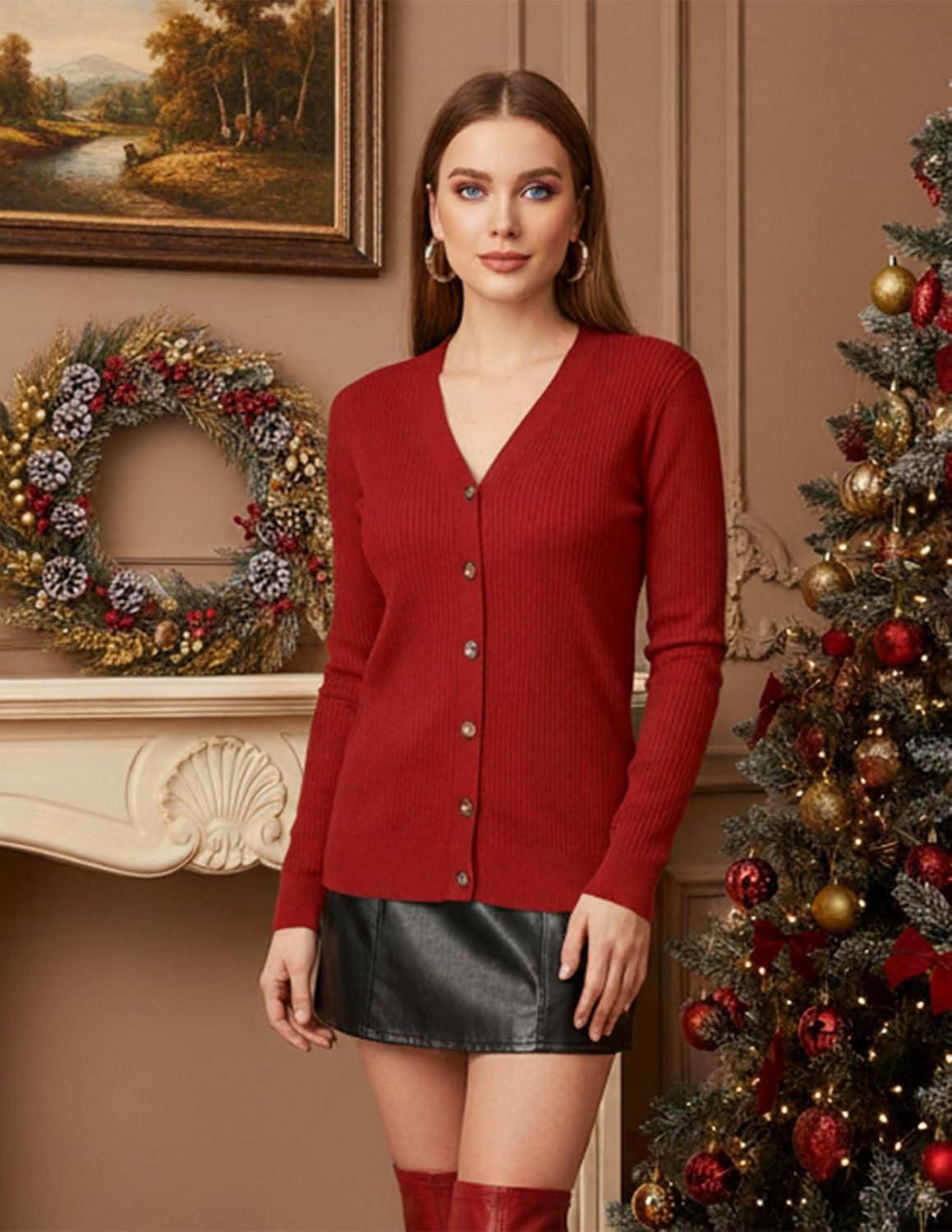imageGRACE KARIN Womens Long Sleeve V Neck Button Up Cardigan Sweaters Trendy Ribbed Knit Open Front Casual JacketRed