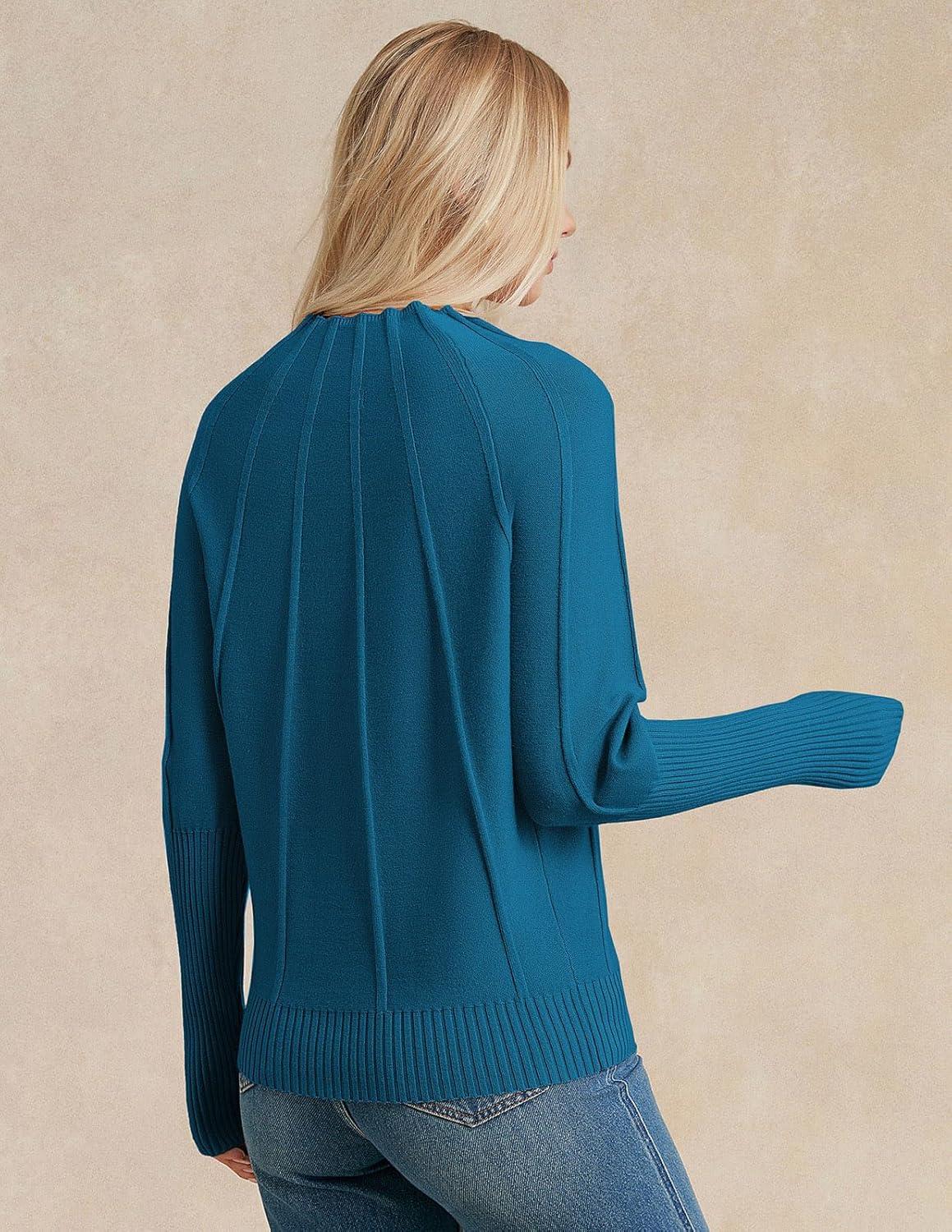 imageGRACE KARIN Womens Mock Neck Batwing Sleeve Sweater Loose Knitted Pullover Sweaters Ribbed Sweater TopsPeacock Blue