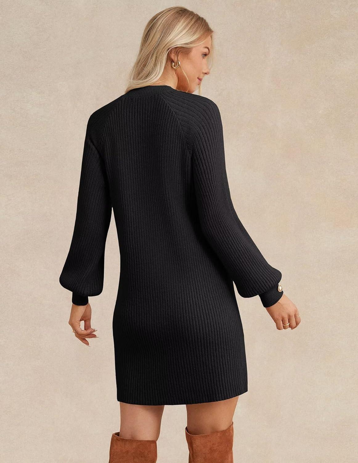 imageGRACE KARIN Womens Mock Neck Long Lantern Sleeve Sweater Dress 2025 Oversized Casual Knit Pullover Tunic DressBlack