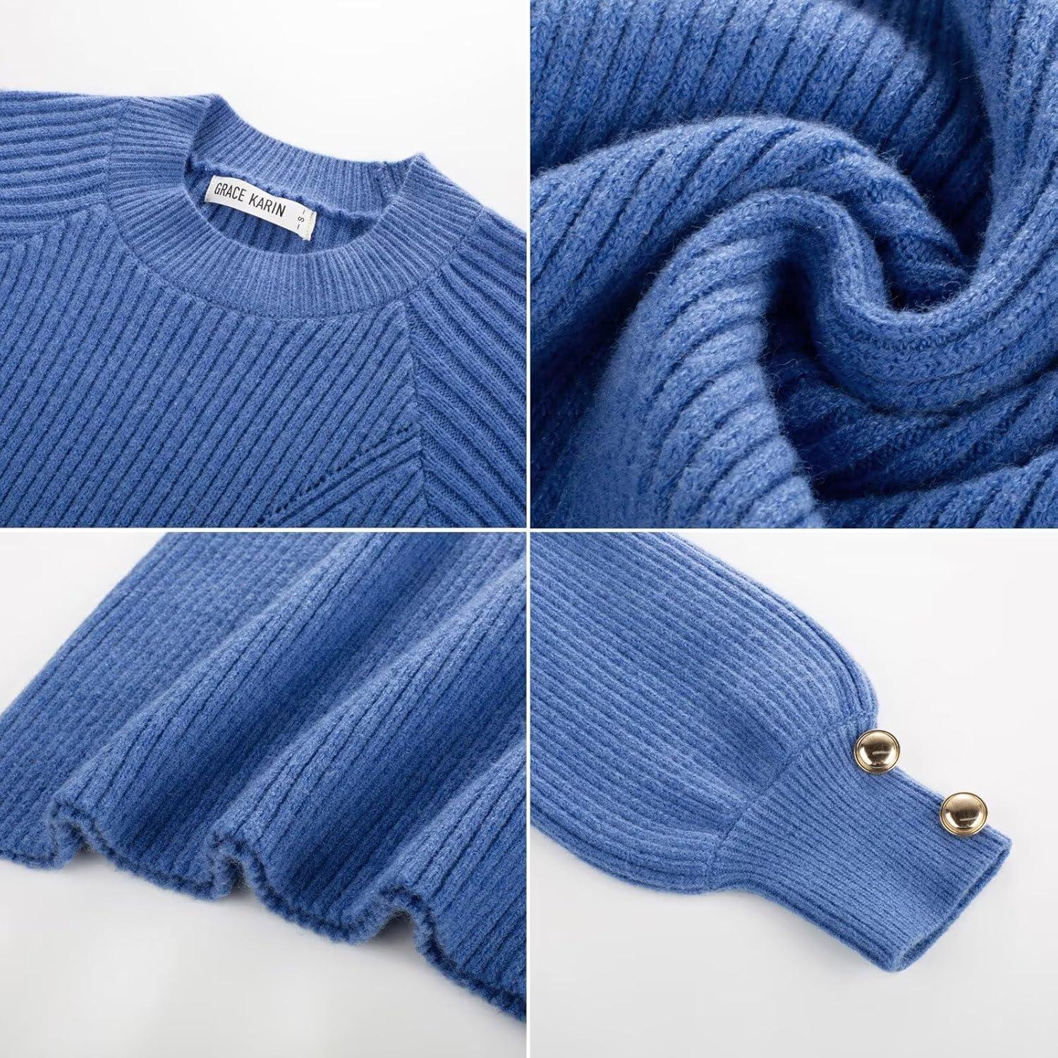 imageGRACE KARIN Womens Mock Neck Long Lantern Sleeve Sweater Dress 2025 Oversized Casual Knit Pullover Tunic DressBlue
