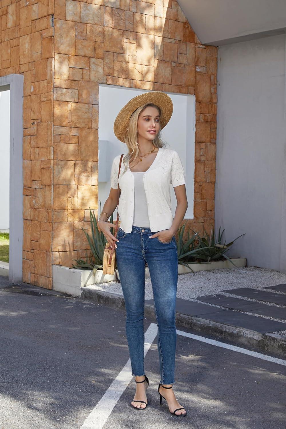 imageGRACE KARIN Womens Short Sleeve 2024 Cropped Cardigans Button Down Boleros Sweaters Lightweight HollowedOut Knit ShrugsIvory White