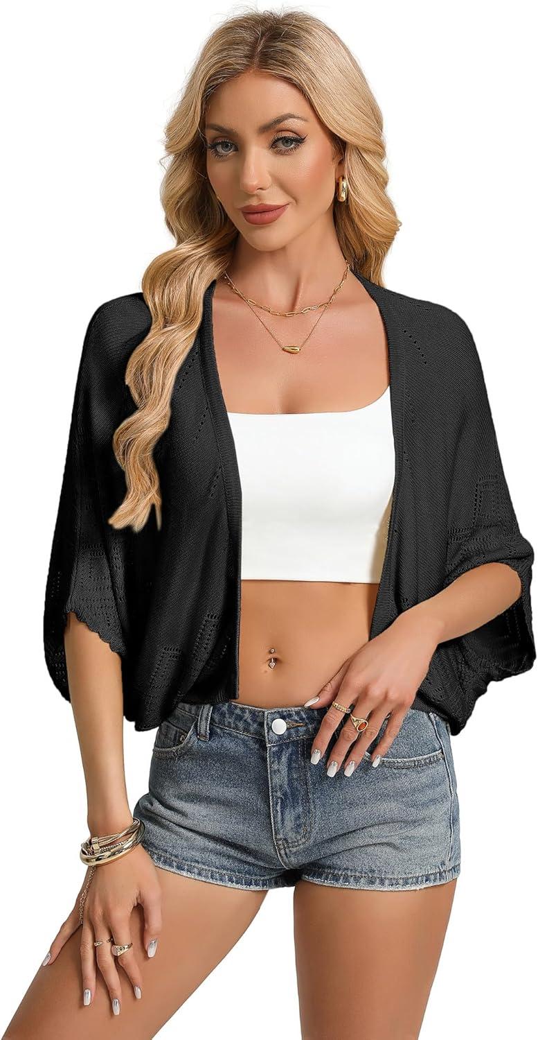 imageGRACE KARIN Womens Summer Crochet Cardigans Short Sleeve Cropped Bolero Shrug Lightweight Open Front Sweater OutwearBlack