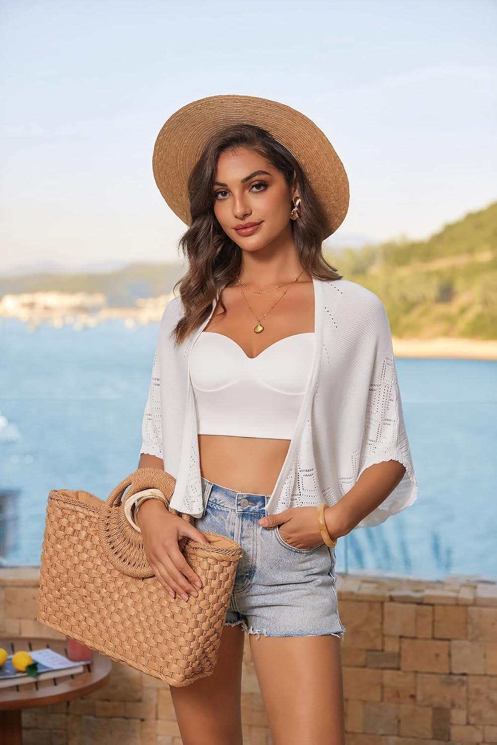 imageGRACE KARIN Womens Summer Crochet Cardigans Short Sleeve Cropped Bolero Shrug Lightweight Open Front Sweater OutwearWhite