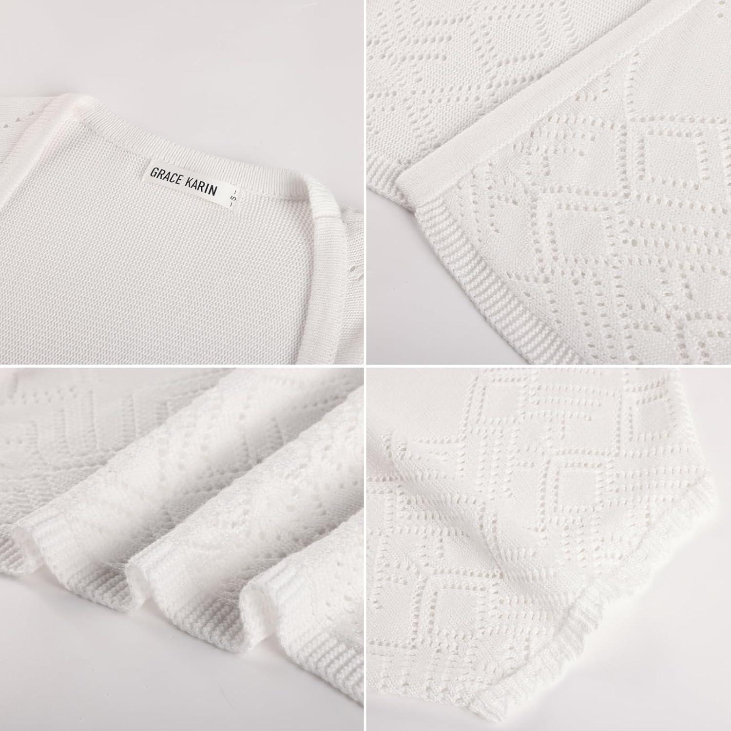 imageGRACE KARIN Womens Summer Crochet Cardigans Short Sleeve Cropped Bolero Shrug Lightweight Open Front Sweater OutwearWhite