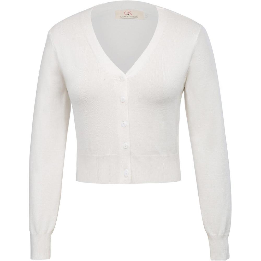 imageGRACE KARIN Long Sleeve Cropped Cardigan Sweaters for Women Lightweight Button Down VNeck Open Front Bolero Shrug Jacket Ivory 3XL