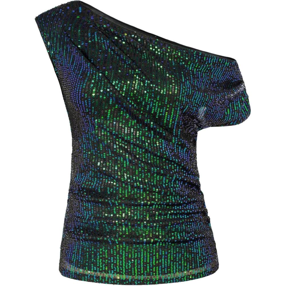 imageGRACE KARIN One Shoulder Sequin Sparkly Tops for Women Ruched Asymmetrical Glitter Tops Slimming Sparkle Party ShirtsDazzlingblue Green