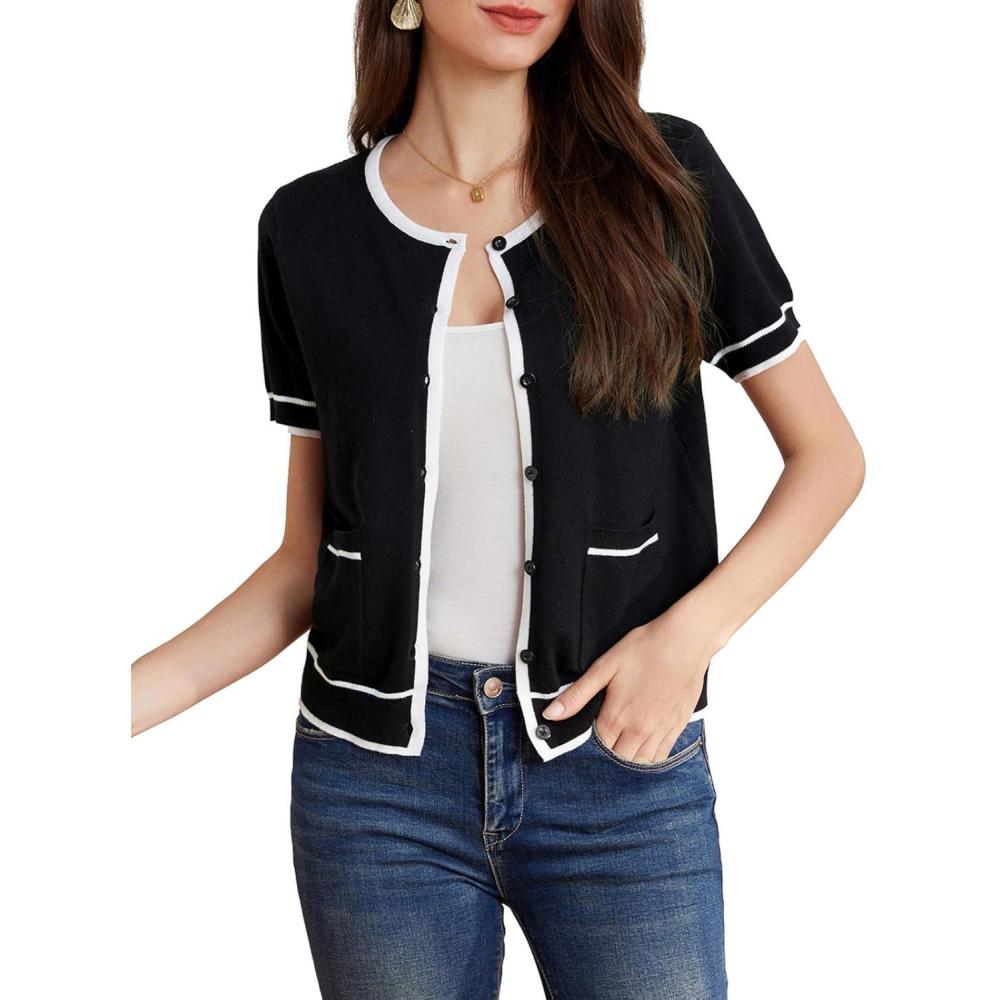 imageGRACE KARIN Short Sleeve Contrast Cardigan Sweaters for Women Summer Casual Striped Button Down Bolero ShrugBlackwhite Edge