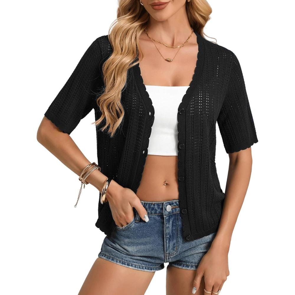 imageGRACE KARIN Short Sleeve Summer Cardigan Sweaters for Women 2026 Lightweight Shrug Crochet Beach Cover UpsBlack
