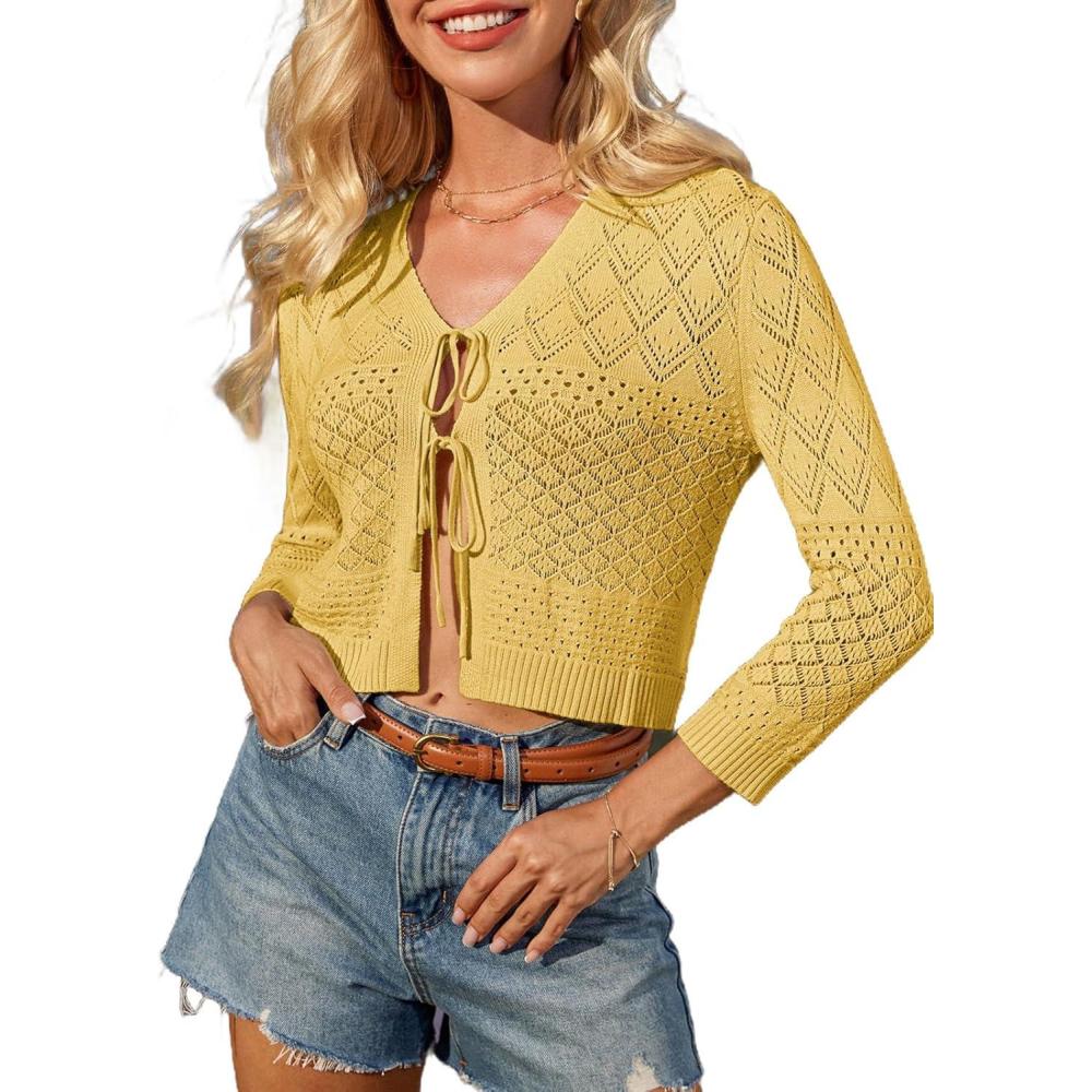 imageGRACE KARIN Tie Front Cardigan for Women Lightweight 34 Sleeve 2025 Summer Crochet Knit Bolero Shrug Sweater TopYellow