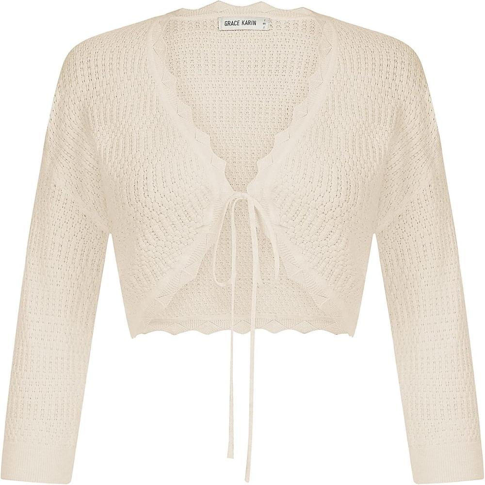 imageGRACE KARIN Womens 34 Sleeve Bolero Shrug Sweater 2026 Lightweight Open Front Cropped Cardigan Knit Shrugs for Dresses Ivory L