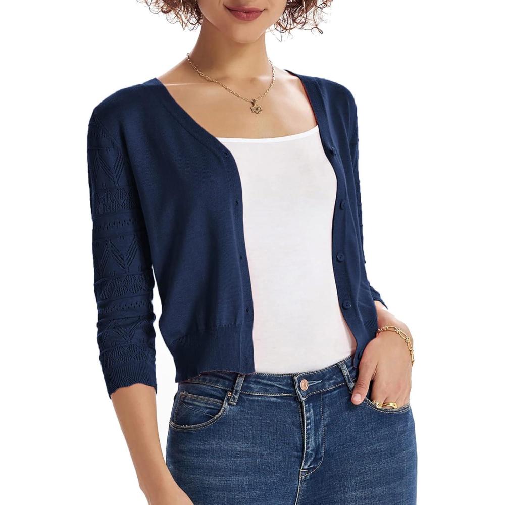 imageGRACE KARIN Womens Cardigans Shrugs for Dresses 34 Sleeve Cardigan V Neck Button Down Sweater LightweightNavy Blue