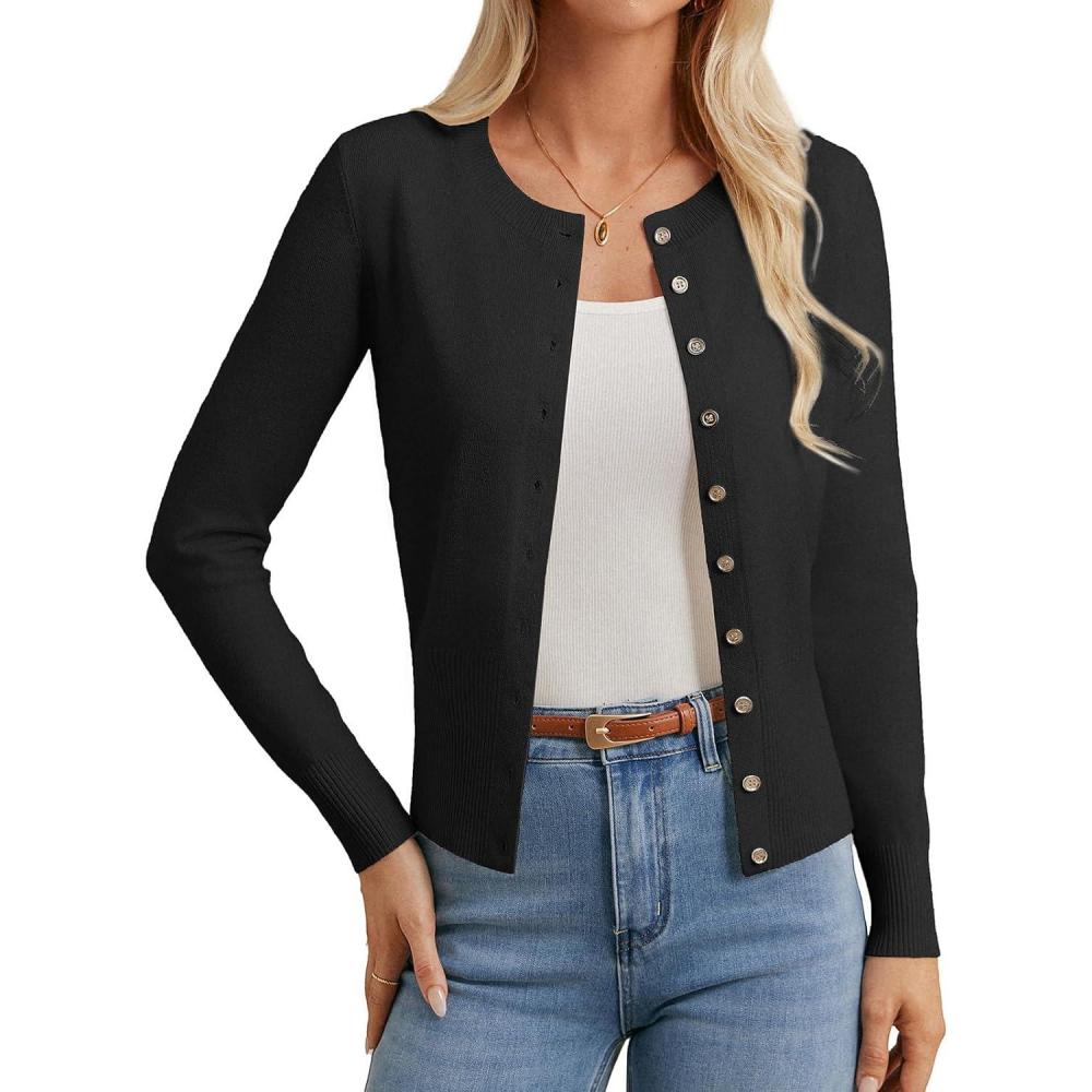 imageGRACE KARIN Womens Lightweight Spring Cardigan Long Sleeve Knit Crop Sweater Trendy Button Open Front Crewneck JacketBlack