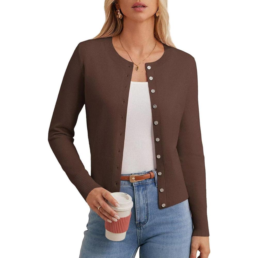 imageGRACE KARIN Womens Lightweight Spring Cardigan Long Sleeve Knit Crop Sweater Trendy Button Open Front Crewneck JacketBrown