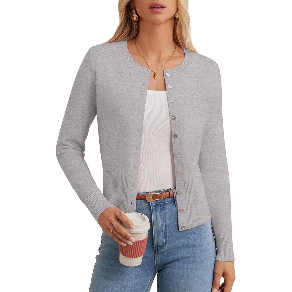 imageGRACE KARIN Womens Lightweight Spring Cardigan Long Sleeve Knit Crop Sweater Trendy Button Open Front Crewneck JacketGray