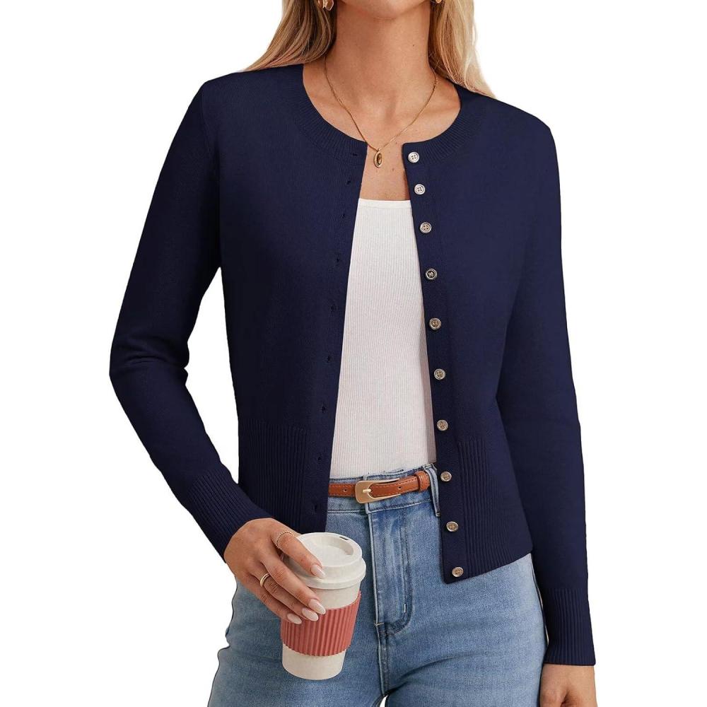 imageGRACE KARIN Womens Lightweight Spring Cardigan Long Sleeve Knit Crop Sweater Trendy Button Open Front Crewneck JacketNavy Blue