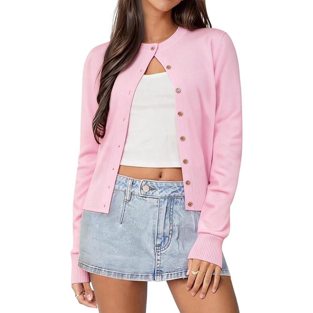 imageGRACE KARIN Womens Lightweight Spring Cardigan Long Sleeve Knit Crop Sweater Trendy Button Open Front Crewneck JacketPink