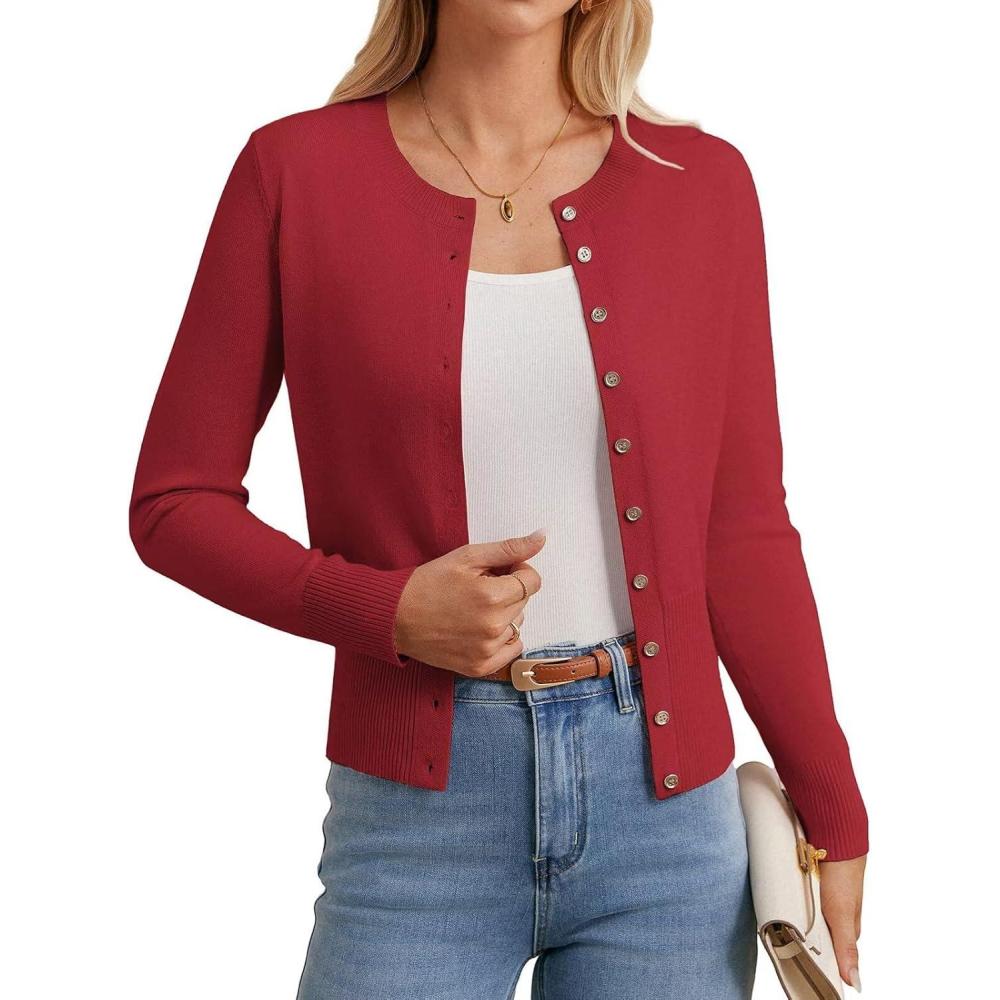 imageGRACE KARIN Womens Lightweight Spring Cardigan Long Sleeve Knit Crop Sweater Trendy Button Open Front Crewneck JacketRed