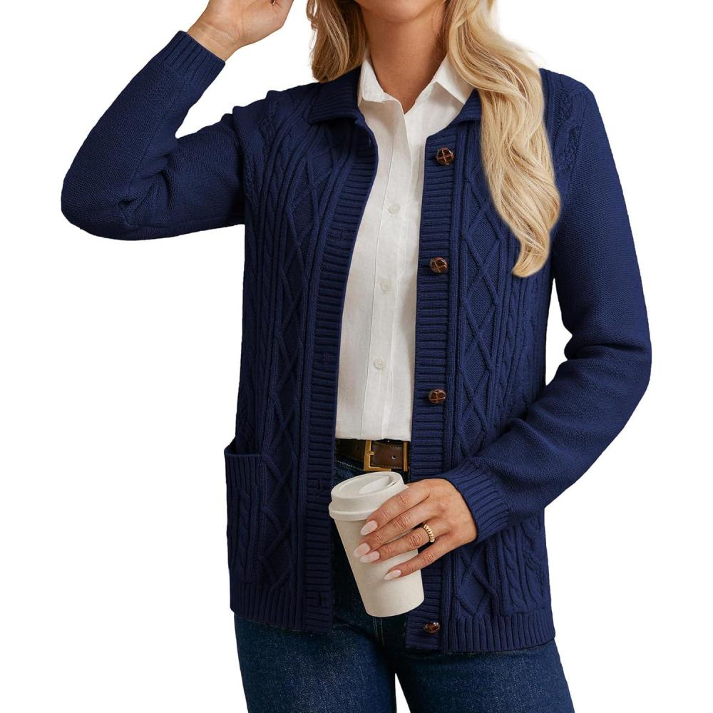 imageGRACE KARIN Womens Long Sleeve Cable Knit Cardigan Sweater Button Up Warm Chunky Cardigan Fall Winter Fashion ClothesNavy Blue