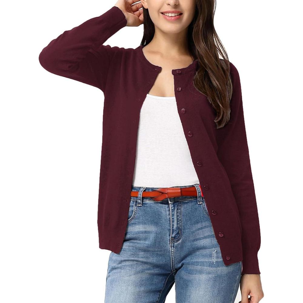 imageGRACE KARIN Womens Long Sleeve Knit Cardigan Sweaters Casual Dressy Open Front Button Down Cardigans Spring Outfits S Wine Red