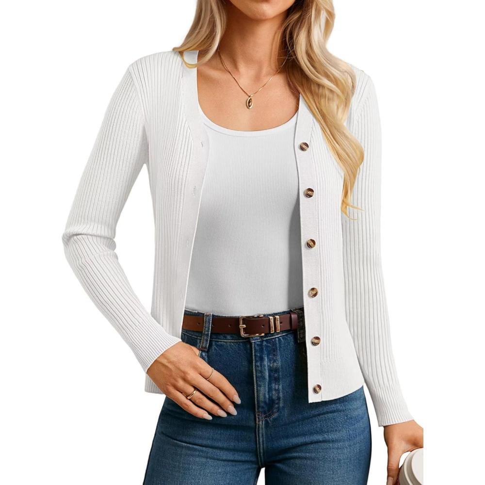 imageGRACE KARIN Womens Long Sleeve V Neck Button Up Cardigan Sweaters Trendy Ribbed Knit Open Front Casual JacketBright White