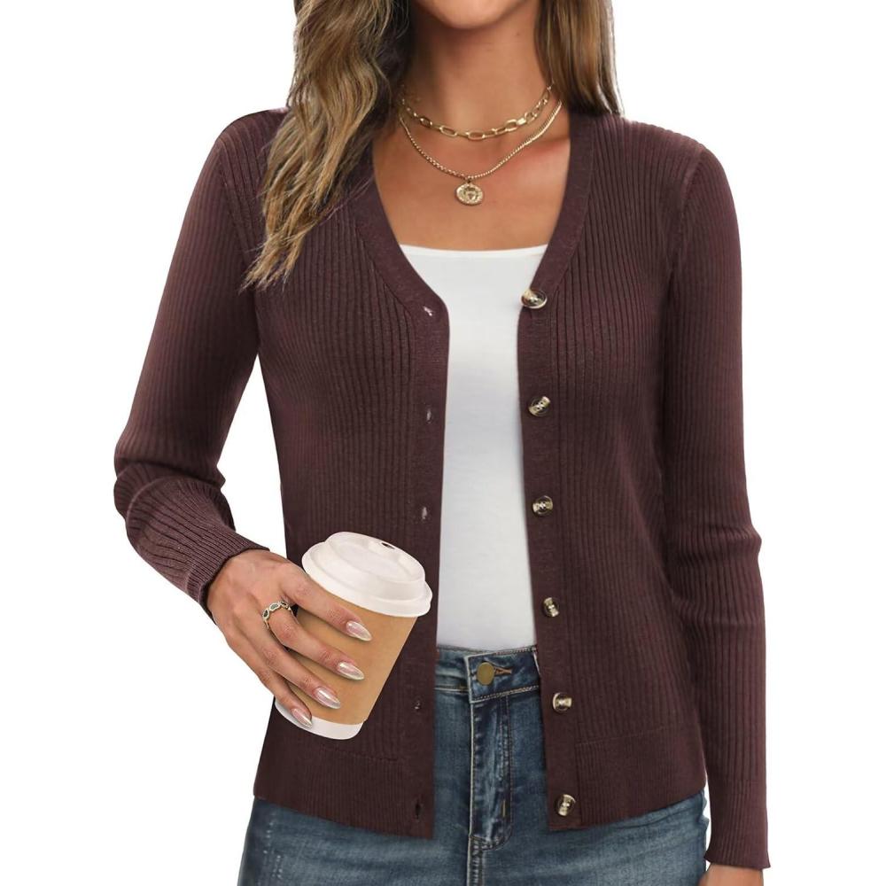 imageGRACE KARIN Womens Long Sleeve V Neck Button Up Cardigan Sweaters Trendy Ribbed Knit Open Front Casual JacketCoffee