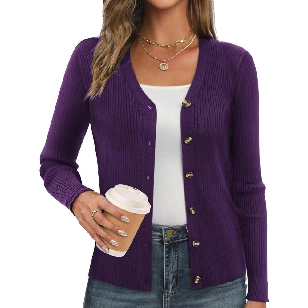 imageGRACE KARIN Womens Long Sleeve V Neck Button Up Cardigan Sweaters Trendy Ribbed Knit Open Front Casual JacketDark Purple