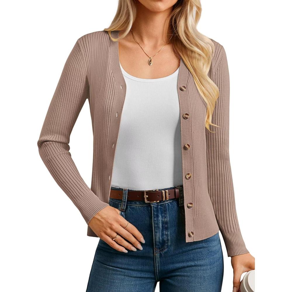 imageGRACE KARIN Womens Long Sleeve V Neck Button Up Cardigan Sweaters Trendy Ribbed Knit Open Front Casual JacketMid Khaki