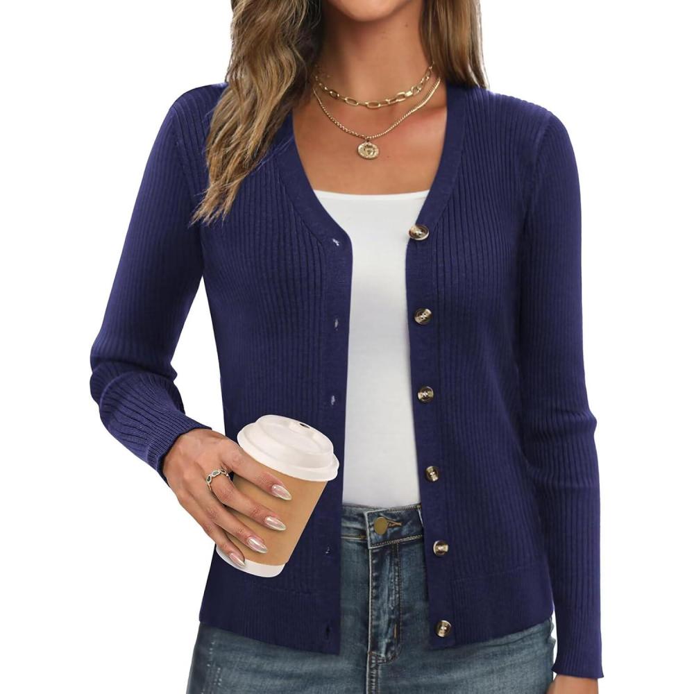 imageGRACE KARIN Womens Long Sleeve V Neck Button Up Cardigan Sweaters Trendy Ribbed Knit Open Front Casual JacketNavy