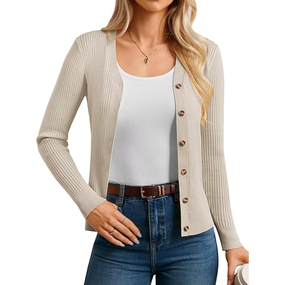 imageGRACE KARIN Womens Long Sleeve V Neck Button Up Cardigan Sweaters Trendy Ribbed Knit Open Front Casual JacketOatmeal