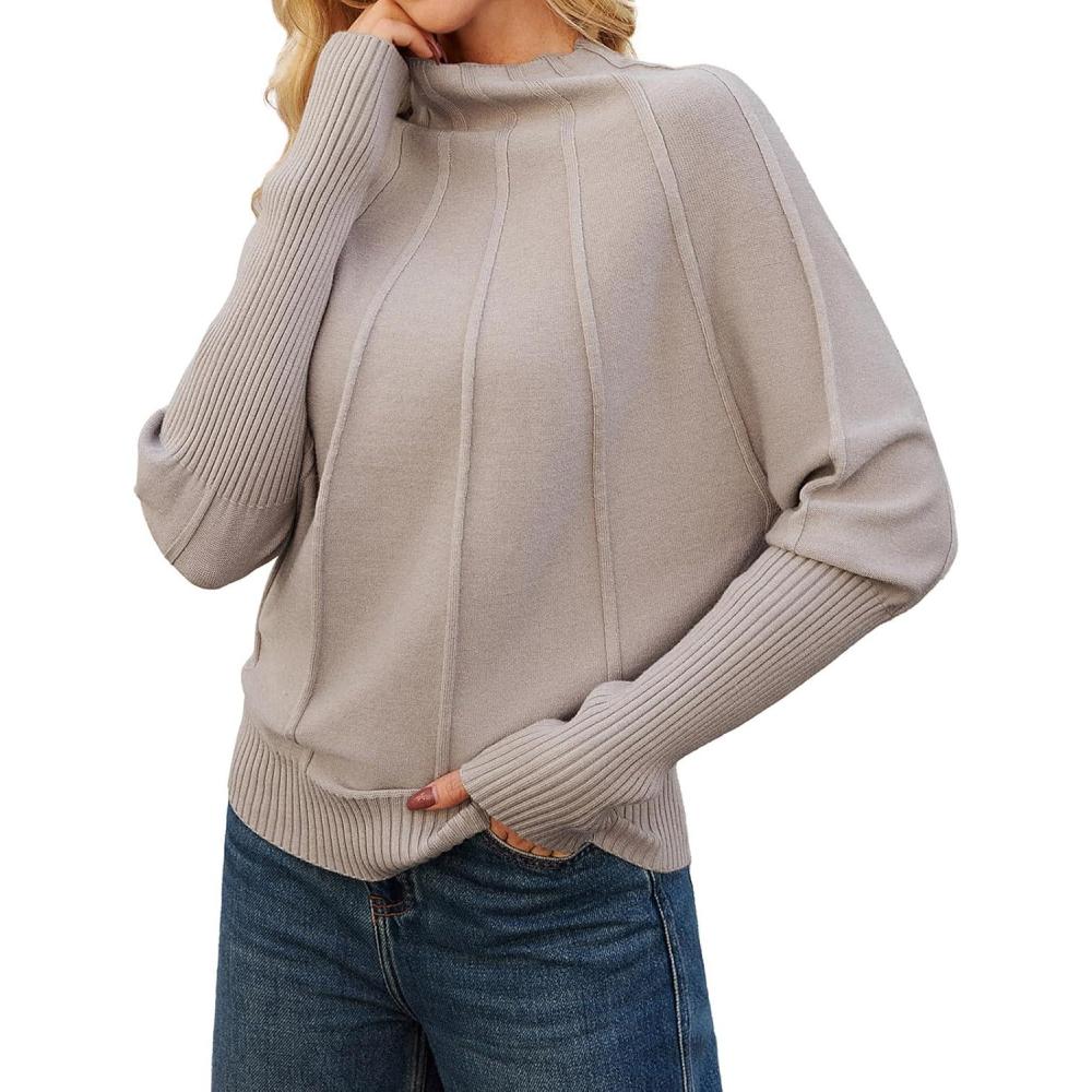 imageGRACE KARIN Womens Mock Neck Batwing Sleeve Sweater Loose Knitted Pullover Sweaters Ribbed Sweater TopsApricot
