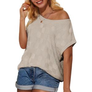GRACE KARIN 2025 Women Short Sleeve Sweater Casual Off The Shoulder Sweaters Spring Summer Loose Fit Knit Light Shirts(Apricot)