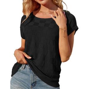 GRACE KARIN 2025 Women Short Sleeve Sweater Casual Off The Shoulder Sweaters Spring Summer Loose Fit Knit Light Shirts(Black)