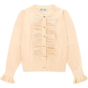 GRACE KARIN Girls’ Cardigan Button Up Knit Mesh Ruffle Uniform Sweater Size 5-12(Apricot)