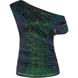 GRACE KARIN One Shoulder Sequin Sparkly Tops for Women Ruched Asymmetrical Glitter Tops Slimming Sparkle Party Shirts(Dazzling-blue Green)