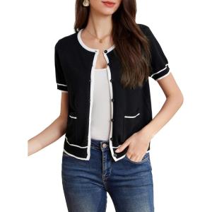GRACE KARIN Short Sleeve Contrast Cardigan Sweaters for Women Summer Casual Striped Button Down Bolero Shrug(Black-white Edge)