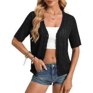 GRACE KARIN Short Sleeve Summer Cardigan Sweaters for Women 2026 Lightweight Shrug Crochet Beach Cover Ups(Black)