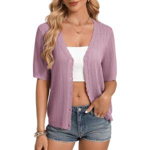 GRACE KARIN Short Sleeve Summer Cardigan Sweaters for Women 2026 Lightweight Shrug Crochet Beach Cover Ups(Light Purple)