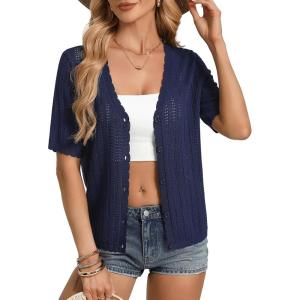 GRACE KARIN Short Sleeve Summer Cardigan Sweaters for Women 2026 Lightweight Shrug Crochet Beach Cover Ups(Navy Blue)