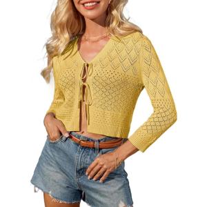 GRACE KARIN Tie Front Cardigan for Women Lightweight 3/4 Sleeve 2025 Summer Crochet Knit Bolero Shrug Sweater Top(Yellow)