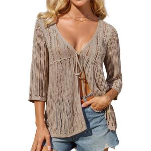 GRACE KARIN Womens Lightweight Crochet Cardigan Tie Front Cardigan 3/4 Sleeve Summer Sweater Kimono Beach Cover Up S-2XL(Apricot)