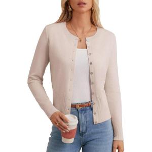 GRACE KARIN Women’s Lightweight Spring Cardigan, Long Sleeve Knit Crop Sweater Trendy, Button Open Front Crewneck Jacket(Apricot)