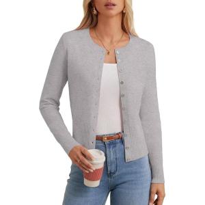 GRACE KARIN Women’s Lightweight Spring Cardigan, Long Sleeve Knit Crop Sweater Trendy, Button Open Front Crewneck Jacket(Gray)