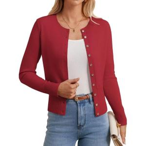 GRACE KARIN Women’s Lightweight Spring Cardigan, Long Sleeve Knit Crop Sweater Trendy, Button Open Front Crewneck Jacket(Red)