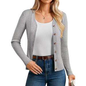 GRACE KARIN Women’s Long Sleeve V Neck Button Up Cardigan Sweaters Trendy Ribbed Knit Open Front Casual Jacket(Flower Grey)