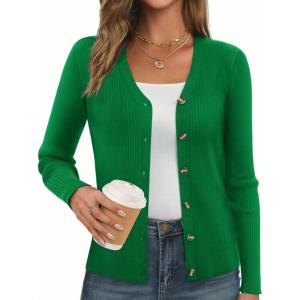 GRACE KARIN Women’s Long Sleeve V Neck Button Up Cardigan Sweaters Trendy Ribbed Knit Open Front Casual Jacket(Green)