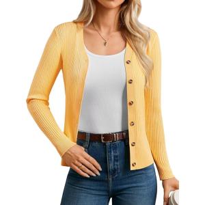 GRACE KARIN Women’s Long Sleeve V Neck Button Up Cardigan Sweaters Trendy Ribbed Knit Open Front Casual Jacket(Mid Yellow)