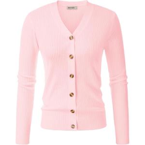 GRACE KARIN Women’s Long Sleeve V Neck Button Up Cardigan Sweaters Trendy Ribbed Knit Open Front Casual Jacket(Pink)