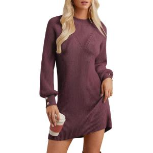 GRACE KARIN Women’s Mock Neck Long Lantern Sleeve Sweater Dress 2025 Oversized Casual Knit Pullover Tunic Dress(Burgundy)